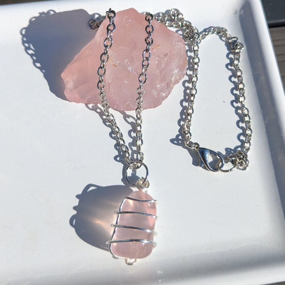 Light Pink Rose Quartz Wire Wrap Silver Necklace